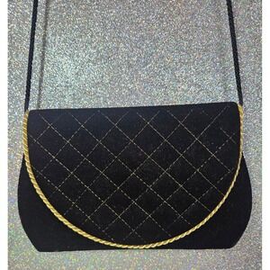 COURTENAY Vintage Black‎ Velvet Quilted Stitched Gold Trim Evening Crossbody Bag